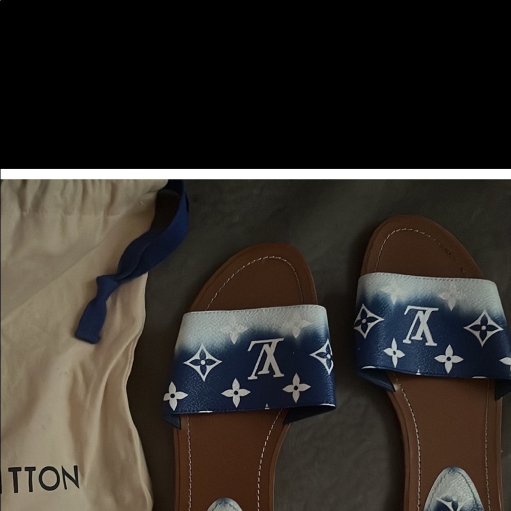 Luis Vuitton indigo scarf and mule slides sold together or separately
